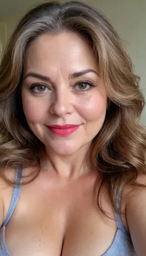 sexy mature, sexy 60 years old, brunette, long wave hair with highlights, chubby, cute smile face, huge bright hazel eyes, wide jaw, long big chin, tall, selfie, in the morning, after sleep, messy hair, seductive eyes, chubby round face, lipstick, <lora:698348_training_data:.8>