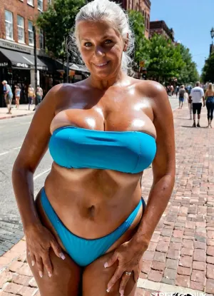 Very busty old hot granny, very big breasts, real old casual grandmother, massive oversized siliconed breasts, perfect stacked thick body, strapless swimsuit, street background, tan lines, dark skin High detailed photo, high quality photo, professionnal photographer, different angles views