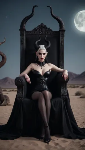 Succubus, Lilith, sin. Horns. long snake like tail. sitting on her throne in the dessert. Night time Full Moon. demon white skin. evil., (dressed in black)