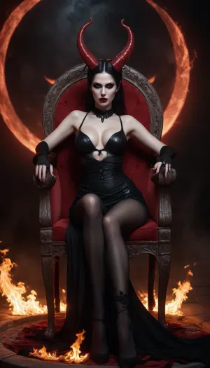 Succubus, Lilith, sin. Horns. long snake like tail. sitting on her throne in the flame. Night time Full red Moon. demon white skin. evil., (dressed in black)