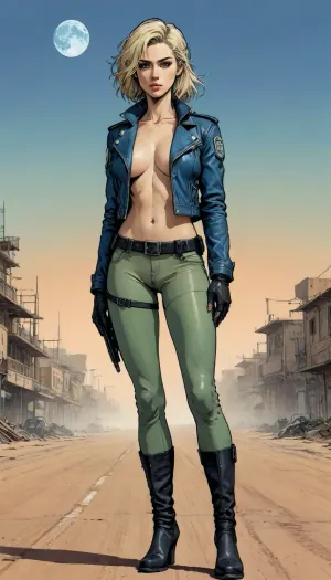 score_9, score_8_up, score_7_up, source_anime, A hyperrealistic image of a female cop in her late 30s, blonde hair. She is wearing a well-fitted police uniform, middle breasts, complete with a leather jacket on naked body, featuring a prominent police badge on the chest, blue ripped jeans, and black leather dirty high heels boots. Mad Max movie. Lonely desert. The air is slightly hazy. Full body view, full height. The lighting highlights the textures of her leather jacket and uniform, creating a striking contrast between the soft glow of the sunset and the gritty desert setting, (A detailed anime drawing with clean lines and meticulous shading, flat colors, line art, no gradients, blue and green palette), realistic anatomy, Autobahn, night, moon, Moebius, detailed face, (Jean, Giraud), page, lineart, <lora:Moebius (Jean Giraud) Style:1>, <lora:outline_xl_kohaku_delta_spv5x:1.1>, <lora:lineartSDXL:.8>