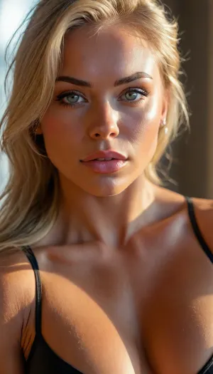 ziprealism, (avant-garde snapshot esthetic, intense lighting, warm sunny lighting, light bloom, god rays, hair glow lighting), (f/2.8, f2.8, very shallow depth of field, focus on eyes, facial closeup, shot in profile:1.4), (vibrant ash-blonde hair, voluminous hair, short hair, swept-back hair), (muscular woman, body builder, muscular shoulders, fitness model:1.4), (smug, perfect eyes, fierce, determined expression), <lora:MJ52:.8>, igbaddie, <lora:igbaddie-XL:.8>