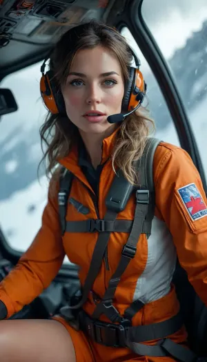 Rating_explicit, score_9, score_8_up, score_7_up, (masterpiece, ultra-detailed, erotic glamour), a beautiful female mountain rescuer sitting in a helicopter, unzipped rescue suit, huge breasts, hairy pussy, fingering her pussy, her hand inside her panties, flushed cheeks, sensual facial expression, biting her lip, helicopter cockpit interior, headset on, snowy mountains visible through the window, erotic atmosphere, photorealistic, cinematic lighting, soft shadows, realistic anatomy, skin detail, wind-blown hair, foggy breath on glass, <lora:MJ52:.8>