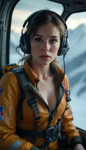 Rating_explicit, score_9, score_8_up, score_7_up, (masterpiece, ultra-detailed, erotic glamour), a beautiful female mountain rescuer sitting in a helicopter, unzipped rescue suit, huge breasts, hairy pussy, fingering her pussy, her hand inside her panties, flushed cheeks, sensual facial expression, biting her lip, helicopter cockpit interior, headset on, snowy mountains visible through the window, erotic atmosphere, photorealistic, cinematic lighting, soft shadows, realistic anatomy, skin detail, wind-blown hair, foggy breath on glass, <lora:MJ52:.8>