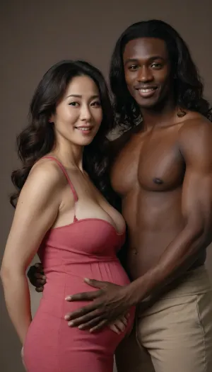 4K, pregnant, interracial couple, mom and son, casual, sexy mini dress, ultra-detailed, ultra realistic Photo, (tall 60_yo Korean MILF old woman and young African man), (natural long wave hair), smile, perfect body, ((Ultimate realistic photo)), (photo realism), ((detailed face)), (Extremely gorgeous MILF women), professional photo studio --v 6 --style raw