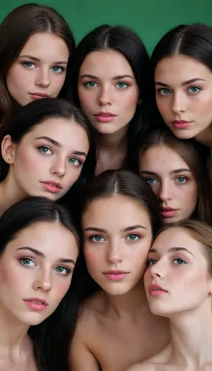 (((four 18 year old sisters))), four younger girls, naked, long black hair, freckles, pink lipstick, green eyes, (masterpiece), (detailed), super hot face
