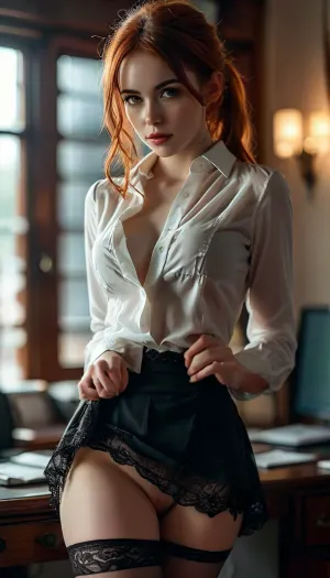 warm lightning, erotic, pornochic, subdued atmosphere, in office, beautiful red hair woman secretary 25 year old, wearing unbuttoned white shirt, show nipples, show pussy, upskirt, black lace bra, lace black skirt, stockings, (back view), undressing, standing by a desk, porn on screen, fingering, hairy pussy, skirtlift, <lora:skirtlift_xl:.5>, raw, <lora:MJ52:.8>, <lora:style_lora_realis:.8>