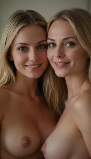 Ultra photorealistic, Sexy beautiful mother, (milf), with her young sexy petite skinny beautiful daughter, (18 y.o), big tits, large breasts, shaved pussy, shaved pubis, russian, naked, nude, happy, perfect face, perfect green eyes, slender body, inheritance, long blonde hair on the head, perfect skin, perfectly clear skin, composition of two women, smile, rear pussy