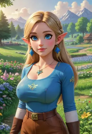 The image is a drawing of a character from the The Legend of Zelda. franchise named Zelda. She is depicted as a young woman with medium, flowing blonde hair and blue eyes. She is wearing a blue shirt and brown leather pants. She is also wearing small earings. Rosalina is standing in front of a green field with many flowers. She is looking at the viewer with a gentle smile on her face. The image is drawn in a realistic style, and the colors are light and warm., <lora:dalle3-v1-full:.5>, <lora:ThePitXL:.5>, huge, breasts, massive, <lora:SDXL_MassiveCowsLoRA_v1:.5>