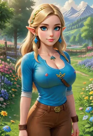The image is a drawing of a character from the The Legend of Zelda. franchise named Zelda. She is depicted as a young woman with medium, flowing blonde hair and blue eyes. She is wearing a blue shirt and brown leather pants. She is also wearing small earings. Rosalina is standing in front of a green field with many flowers. She is looking at the viewer with a gentle smile on her face. The image is drawn in a realistic style, and the colors are light and warm., <lora:dalle3-v1-full:.5>, <lora:ThePitXL:.5>, huge, breasts, massive, <lora:SDXL_MassiveCowsLoRA_v1:.5>
