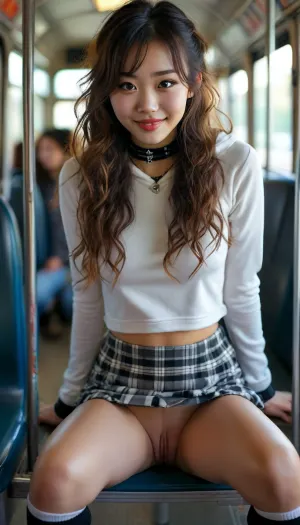 23 years old Chinese girl, very sexy, skinny, angel face, very long curly hair in pigtails, smiling laughs, wearing cropped black hoodie, Plaid mini skirt, white thigh-high socks, black doc marten boots, sitting on a bus seat in bus, (legs open:1.3), (no panties:1.3), shaved pussy, black choker neckless, view from opposite, other people sit nearby, woman, squat, <lora:BUT_SDXL_SHS:.8>, <lora:MJ52:.8>, <lora:DetailedEyes_V3:.8>, <lora:woman_squat_xl_lora-000031:2>