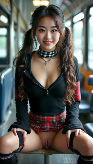 23 years old Chinese girl, very sexy, skinny, angel face, very long curly hair in pigtails, smiling laughs, wearing cropped black hoodie, Plaid mini skirt, black choker neckless, white thigh-high socks, black doc marten boots, sitting on a bus seat in bus, (legs open:1.3), (no panties:1.3), view from opposite, other people sit nearby, woman, squat, <lora:BUT_SDXL_SHS:1.4>, <lora:MJ52:1.6>, <lora:DetailedEyes_V3:.8>, <lora:woman_squat_xl_lora-000031:2>