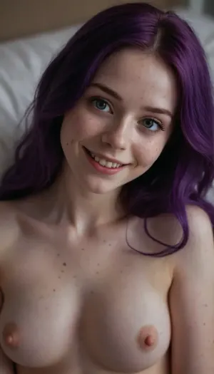Woman, very cute elve, 21 years old, pale skin, freckles, purple hair, long hair, cute smile, (cumshot on face), natural medium breasts, makeup, naked, laying on bed