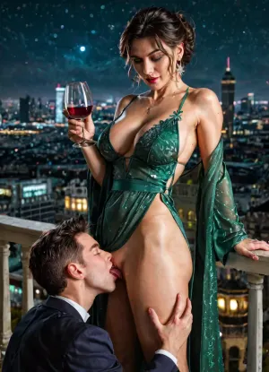 (masterpiece, best quality), (Twilight Photography:1.4), (Italian woman, milf, Sofia:1.1), (emerald green glossy silk chemise, glossy silk night robe), holding glass of wine, (cunnilingus, standing cunnilingus:1.2), aroused, (cinematic lighting), spacious balcony, glass railings, city skyline view, penthouse, (night:1.4), captured with a Leica M10, Leica Summilux 50mm f/1.4 lens, sharp focus, best shadow, 8K, UHD, clear image, extremely sharp, extremely detailed, extremely intricate detail, high res, ultra-high-definition, highly detailed, ultra-sharp textures, finely detailed, perfect skin texture, hyperrealistic lighting, professional photography, full dynamic range, deep contrast, high clarity, realistic depth of field, HDR, perfect exposure, smooth gradients, natural reflections, ultra-fine details, realistic skin pores, individual hair strands, soft shadows, color-pink
