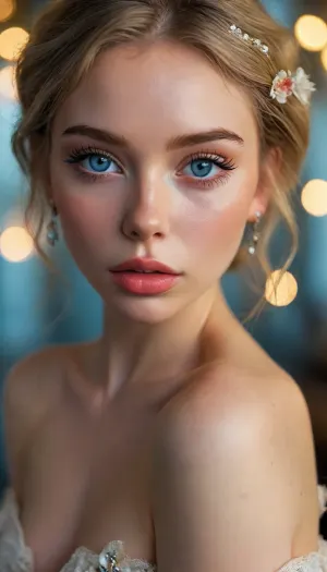 ziprealism, (avant-garde fashion esthetic, professional portrait, shot in profile), (f/2.8, f2.8, f28, (shallow depth of field), , , soft bokeh, facial closeup, focus on eyes:1.4), (ash-blonde hair with dark roots, short hair, swept-back hairstyle, flowers in hair), (catchlights, limbal rings, large expressive eyes, stunning blue eyes, long delicate eyelashes, perfect eyes), (full lips, soft lips, soft facial features), (white waterline eyeliner, doe-eye makeup), (adoration, loving gaze, in love), (flawless porcelain skin), <lora:MJ52:.8>, igbaddie, <lora:igbaddie-XL:.4>