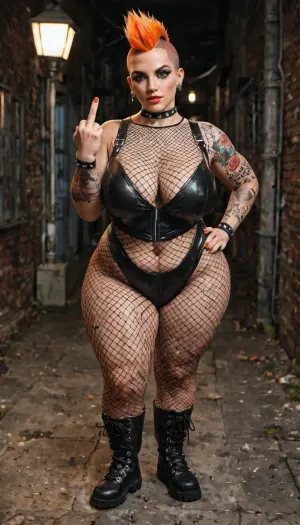 Punk, bbw, beautiful face, very cheeky facial expression, orange mohawk, undercut, showing the middle finger, wearing a large mesh fishnet bodysuit, big tits, punk boots.