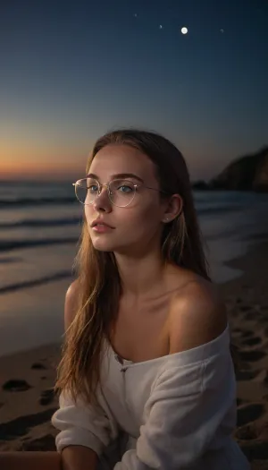 beautiful girl waering glasses sit in the beach look into the distance, wearing airpods, long hair, blue eyes, gentle and quiet girl, elegance, symmetrical features, full body portrait, starry night, hyper detail, depth of field, glowing colours, natural lighting prompts, photography, landscape, intricate design and details, vision, highest detail quality, wide angle, 16k, rtx ray tracing lighting