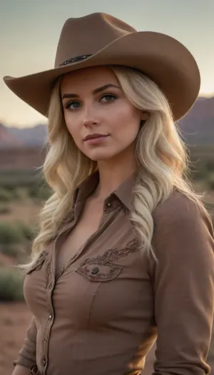 professional portrait photograph of gorgeous rancher girl, platinum blonde, (((sultry flirty look))), beautiful symmetrical face, cute natural makeup, (wearing brown cowboy hat), traditional clothing, confident pose, elegant, feminine, ((Utah landscape in background)), wild west, ultra realistic, character concept art, highly detailed, intricate, (sharp focus), 85mm, medium shot, mid shot, (centered image composition), ((professionally color graded)), ((bright soft diffused light)), volumetric fog, dreamy, trending on instagram, trending on tumblr, hdr 4k, 8k