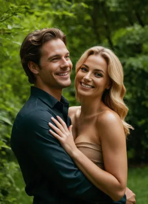 A man joyfully carries a woman in his arms, both smiling against a lush green outdoor background. The image features two individuals, a man and a woman, in what appears to be a natural, outdoor setting. The man, with short dark hair and wearing a light-colored, possibly off-white or beige, collared shirt with vertical textured lines, is holding the woman in his arms, carrying her in a classic bridal-carry pose. He is looking towards the woman with a wide, open-mouthed smile, showing his teeth, and appears very happy. The woman has long, straight blonde hair that is illuminated by bright light, creating a halo effect around her head. She is wearing a dark-colored, possibly black, strapless or spaghetti-strap dress. Her left arm is wrapped around the man's neck and shoulder, while her right hand is resting on his shirt. She is looking directly at the viewer with a wide, beaming smile, also showing her teeth. Her complexion is fair, and her eyes are light-colored. The background is a soft blur of green, indicating an abundance of foliage, likely trees, suggesting a park or garden environment. The lighting is bright, with sunlight evidently hitting the subjects, particularly accentuating the woman's hair. The overall atmosphere of the picture is one of joy, affection, and happiness. Both individuals exhibit clear signs of positive emotion through their wide smiles and happy expressions. The scene conveys a romantic or playful mood between the two people. There are no animals visible in the image, (correct female fingers:1.4), DRSL camera, 8k ultra HD, hinaigirl, large, breasts, boobs, tits, <lora:MaybeBetterFaceInFullBodyLora_XL_rev3:.8>, <lora:bombshell_v2:.8>, <lora:681678_training_data:.8>, <lora:add-detail-xl:1.4>