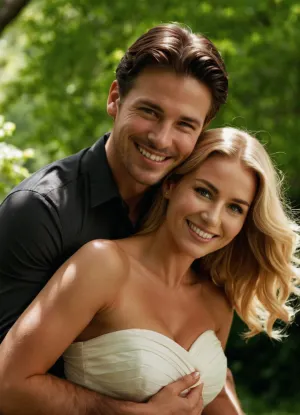 A man joyfully carries a woman in his arms, both smiling against a lush green outdoor background. The image features two individuals, a man and a woman, in what appears to be a natural, outdoor setting. The man, with short dark hair and wearing a light-colored, possibly off-white or beige, collared shirt with vertical textured lines, is holding the woman in his arms, carrying her in a classic bridal-carry pose. He is looking towards the woman with a wide, open-mouthed smile, showing his teeth, and appears very happy. The woman has long, straight blonde hair that is illuminated by bright light, creating a halo effect around her head. She is wearing a dark-colored, possibly black, strapless or spaghetti-strap dress. Her left arm is wrapped around the man's neck and shoulder, while her right hand is resting on his shirt. She is looking directly at the viewer with a wide, beaming smile, also showing her teeth. Her complexion is fair, and her eyes are light-colored. The background is a soft blur of green, indicating an abundance of foliage, likely trees, suggesting a park or garden environment. The lighting is bright, with sunlight evidently hitting the subjects, particularly accentuating the woman's hair. The overall atmosphere of the picture is one of joy, affection, and happiness. Both individuals exhibit clear signs of positive emotion through their wide smiles and happy expressions. The scene conveys a romantic or playful mood between the two people. There are no animals visible in the image, (correct female fingers:1.4), DRSL camera, 8k ultra HD, hinaigirl, large, breasts, boobs, tits, <lora:MaybeBetterFaceInFullBodyLora_XL_rev3:.8>, <lora:bombshell_v2:.8>, <lora:681678_training_data:.8>, <lora:add-detail-xl:1.4>