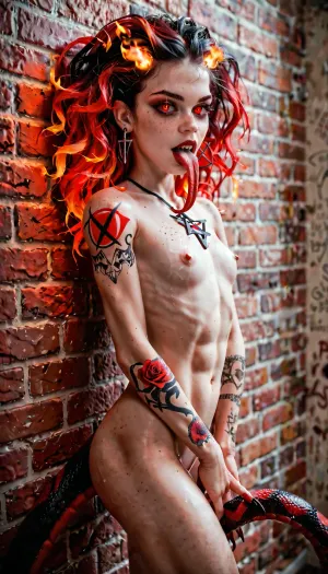 Young athletic girl 18 years old crucified on a wall with a pentagram. Sexual ritual, naked. Demoness, showing her snake tongue. Obsessed. Fiery hair, freckles. Sexy, striptease. Flirts, seduces. Long Demon Claws. Satanic Tattoo.