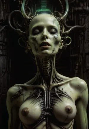 Cosmic biomechanical horror, Android woman floating in dead space, Giger-esque fusion of organic and machine, Exposed ribcage of interlocking hydraulic pistons, Spine replaced with segmented obsidian vertebrae, Bioluminescent circulatory system, (neon green acid veins), Metallic pelvis fused with alien insect carapace, Head, half-smooth chrome, half-exposed cranial circuitry ENVIRONMENT, Nebula of congealed bio-meat and shattered spacecraft, Floating embryo pods leaking black fluid, Titanium vertebrae asteroids drifting in zero-G, Distorted space-time fabric revealing non-Euclidean dimensions, TECHNICAL SPECS, Hyperdetailed render by H.R. Giger and Zdzisław Beksiński, Oily metallic textures with visceral organic sheen, Volumetric lighting, Cold neon blue, (engine core), Sickly yellow, (neural nodes), Blood crimson, (hydraulic fluid leaks), Masterpiece, 8K, cinematic, giger, <lora:hrg:.8>