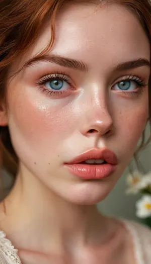 ziprealism, (avant-garde romantic esthetic, professional portrait), (f/2.8 shallow depth of field, creamy bokeh, tight headshot, extreme close-up portrait, layered composition with subtle foreground, focus on lips:1.4), (vibrant auburn hair with coppery highlights, short hair, swept-back hairstyle, flowers in hair, casual tousled hair), (catchlights, limbal rings, large expressive eyes, stunning eyes, long delicate eyelashes, perfect eyes), (full lips, soft lips, moist lips, pouting lips:1.3), (white waterline eyeliner, doe-eye makeup, soft blush, soft facial features), (expression of deep adoration, loving gaze, in love, subtle warmth in eyes, soft bashful smile), (porcelain skin, natural skin texture), (subtle freckles, subtle skin imperfections:.4), <lora:MJ52:.8>, igbaddie, <lora:igbaddie-XL:.4>