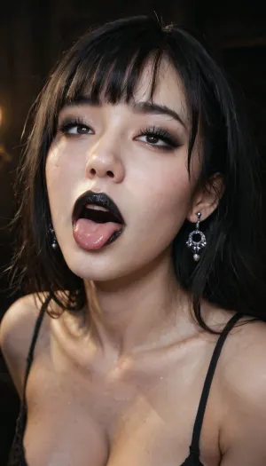 Beauté gothique asiatique dans l'éclairage d'humeur: yeux foncés, cheveux noirs, et pose séduisante

- Oui.

AI a généré l'image d'une goth asiatique gothique avec une peau pâle, des yeux noirs foncés, des cheveux noirs avec des franges, un eyeliner noir, un rouge à lèvres noir et des yeux parfaits et détaillés. Elle a un petit nez, une bonne anatomie, de faux seins, et un visage de salope avec une ambiance de pute. Elle frappe une pose sexy dans un éclairage dynamique qui met en valeur ses traits dramatiques et son élégance d'humeur.