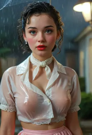 Strong 1950s retro vibe, look over the shoulder, in 1951 a breathtakingly beautiful very busty black-haired 18-year-old coed dressed for a sock hop stands outside a college gymnasium in the pouring rain, very large natural breasts, button-down shirt, neck scarf, (poodle skirt decorated with an embroidered poodle), white lace socks, saddle shoes, makeup, beautiful expressive eyes, romantic, nighttime, lots of rain in the air, retro 1950s hair and makeup and clothes and setting, masterpiece, key visual, incredibly detailed, score_9, soakingwetclothes, magazine cover, best quality, ultra-detailed, finely detail, highres, 8k wallpaper, intricate, highly detailed, insanely detailed, best lighting, perfect illumination, (best illumination), (best shadow, best shadows), full scene picture, full-length photo, ((ultra-detailed)), (intricate details:.6), professional photography, photo-realism, award winning photography, dslr, hyperrealistic, 35 mm, (Fujifilm XT3, analog style, professional DSLR photo, film grain:.8), 8k high definition, Great Composition, highly complex, (intricate detail:1.2), Ensure ultra-high-detail, photorealism, and crystal clear 32k resolution for a true masterpiece, hdri light, realistic lighting, ultra high resolution, clear focus, depth of field, 32k, 30 mm lens, 1/250 s, f/2.8, ISO 300, UHD 8K, high resolution face, perfect anatomic body, perfect waist, extremely beautiful face, <lora:soakingwetclothesXL:1.4>, <lora:MJ52:.8>, <lora:add-detail-xl:.8>