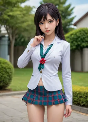 cute anime schoolgirl, (slightly wavy long black hair, large green eyes, cherry-red lips, slightly asian slavic face, very cute, (highly detailed hair, highly detailed eyes), pale skin, sporty, supermodel lookalike, (torpedo tits, medium pointed breasts:1.3), (conical breasts protrude forward really hard), smooth knees, long slender legs), (highly detailed hair, highly detailed eyes), (anime drawing:1.6), (artwork, digital painting, flat colors), (well-dressed, elite school uniform, white button-up shirt, light-blue blazer, blue tie, tartan super short miniskirt), elite school backyard, (anime reality background:1.5), shy, embarrassed, (blushing:1.5), deep squatting, open wet pussy, piss in public, (peeing:1.5)