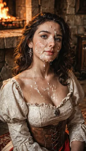 A medieval noblewoman sits in her chamber in a castle, medieval dress, near a fireplace, cum on her face, (facial), cumshot. masterpiece, hd, photorealistic.