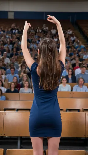 one skinny 18yo college girl in darkblue dress in front of a big audience of people, firm small ass, brunette hair, photo from head to feet, small breasts, small tits, ((in a big university lecture hall in front of a big audience)), from behind, knwau_high, both arms up, (hands on head), hyper-realistic, ultra-high quality, insanely detailed. high resolution, masterpiece, best quality, UHD 8K, extreme realism, maximum detail, hyper realistic, ultra realistic, photorealistic, <lora:KneelWithArmUp.0.9:1.3>, lighting, key light, fill light, rim light, <lora:polyhedron_photostudio-000005:.8>