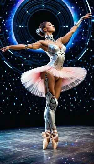 (Android girl:1.5), (cyborg ballerina:1.6), ((naked in a ballet tutu)), fouetté in outer space, against the backdrop of a spiral galaxy, cyberbotgilzv1, <lora:CyberBotGilzV1:1>