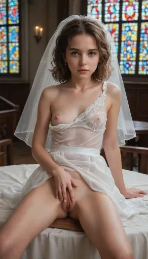Young girl, 18 years old, small breast, in church, wedding dress, one breast out, see breast, see pussy, lie on the table, photorealistic, highly detailed, <lora:flux_cultures_age_v308:.5>