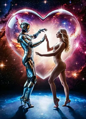 Two cyborg androids, ((male and female androids:1.4), (cyborgs:1.6), ((mechanical cybernetic metal bodies)), (deep space:1.3), stars and nebulae, ((passing a huge glass heart to each other)), (heart with galaxy inside:1.4), (nude:1.5), (dancing:1.6), ((beautiful dynamic dance moves)), full length photo, closeup, side view.)