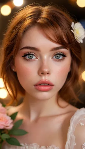 ziprealism, (avant-garde fashion esthetic, professional portrait), (f/2.8, f2.8, f28, (shallow depth of field), , , soft bokeh, layered composition, face closeup, tight closeup, shot in profile, focus on eyes:1.4), (vibrant auburn hair with coppery highlights, short hair, swept-back hairstyle, flowers in hair), (catchlights, limbal rings, large expressive eyes, stunning eyes, long delicate eyelashes, perfect eyes), (full lips, soft lips, moist lips:1.2), (white waterline eyeliner, doe-eye makeup, soft blush, soft facial features), (adoration, loving gaze, in love), (porcelain skin), (subtle freckles, subtle skin imperfections:.4), <lora:MJ52:.8>, igbaddie, <lora:igbaddie-XL:.4>