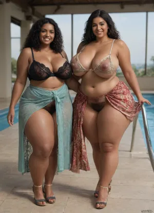 two 40 year old woman, (heavily hairy pubic area:1.9), two woman, show big butts, (dark skinned woman:1.4), very tall woman, large waist area, (two tall and large thigh curvy woman:1.7), very healthy tits, erect nipples, wide hips, round buttocks, (smiling:1.3), chubby, (Layers for Straight black Hair:1.4), full lips, full length, (Nipple Split lace bra:1.6), sexy, (different colours fishnet sarong:1.7), laugh out loud, (poolside walking pose), very high heels Platform shoes, Walking on the poolside, Casual poolside walk, Strolling along the poolside, poolside, posing to viewer, front view