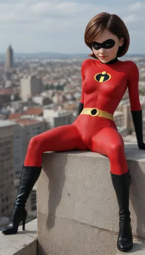 Helen Parr, (The, Incredibles), /, (ultra, HD, quality, details), auburn hair, extreme quality, (photorealistic proportions:.1), ((wearing extremely tight red spandex super suit with black outer trunks), red spandex legs, black eye mask to conceal identity, black gloves, black knee high boots, high detail image, 4K, 8K, ((high resolution)), beautiful, perfect hourglass figure, perfect large ass, perfect hands, perfect fingers, (very natural perfect medium shapely breasts:1.3), perfect anatomy, on a city rooftop, (with legs wide apart:1.6), BREAK Side biew, focus on add)