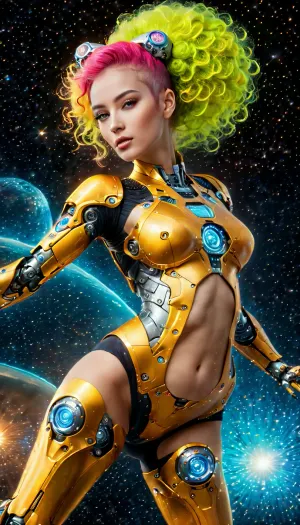 Realism, android slender woman, (((full body in picture))), ((full length body)), ((wide hips)), ((thigh gap)), ((android mecha body parts costume:1.3)), best quality, photorealism, intricate details, realistic face, detailed face, full view, sfw, ((dancing:1.8)), ((cosmos nebula planet background)), perfect picture, ((neon yellow glowing hair)), ((twin tails hair with drills)), good eyes, masterpiece, professional photography, high quality, ultra detailed, UHD 8K, extreme realism, <lora:add-detail-xl:2>, maximum detail, <lora:compb0t:.5>
