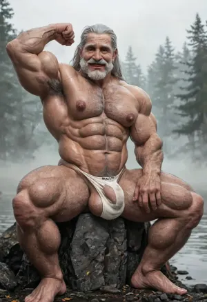 a beefy old daddy 60-years-old, (old beefy daddy:1.6), big muscles, big pecs, very long grey hair, grey hairy body, full beard, thick moustache, angular jawline, posing sitting in mysterious lake, (fog:1.3), shameful posing, blush, men drooling, huge big bulge, (big bulge thong:1.6), round balls, six pack abs, hairy chest, exhibiting his enormous bulge, hot sexy dilf, very grey hairy chest, big nipples, erect nipples, hairy nipples, very hairy body, big beard, grey beard, long grey hair, arrogant smile, tremble, cool poses sexy, full body, view, side view, wet hair, (very long hair:1), very low lighting place, candle light floor, wearing wet net thong, bulge thong, (net tohng:1.5), wearing wet ripped torn crop-top, flexing his biceps