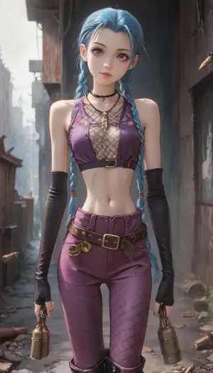 score_9, score_8_up, score_7_up, score_6_up, ((jinx:1.4)), (style anime:1.6), (inspired illustration, ratatatat74:1.6), (skinny:1.9), (small waist:1.9), (cute-innocent:1.4), big thick lips, (seductive:1.3), (dimples:1.3), (belt with bullets:1.3), (big leather elbow gloves:1.2), (slim legs), purple mini-shorts, (fishnet pantyhose:1.4), (apocalyptic background:1.5), (heavy boots:1.4), (lifted fishnet tanktop:1.4), <lora:ratatatat74-000050:.6>, <lora:outline_xl_kohaku_delta_spv5x:2>, <lora:cartoon_stickers_xl_v1:.5>, <lora:NEOTOKIOXL_0.2_RC:.4>, <lora:AshMilkshake_Illustrious_v1:2>