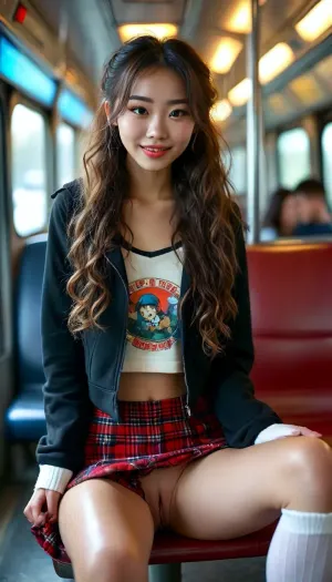 23 years old Chinese girl, very sexy, skinny, angel face, very long curly hair in pigtails, smiling laughs, wearing cropped black hoodie, Plaid mini skirt, white thigh-high socks, black doc marten boots, sitting on a bus seat in bus, (legs open:1.3), (no panties:1.3), view from opposite, other people sit nearby, woman, squat, <lora:BUT_SDXL_SHS:2>, <lora:MJ52:2>, <lora:DetailedEyes_V3:1.8>, <lora:woman_squat_xl_lora-000031:2>