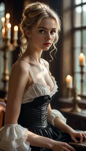 1900s, Sexy nice pretty beautiful thin woman, 25 year old, blond, perfect finger, sexy countess, in english manor, making love, perfect proportion, hairy pussy, lying, show pussy, in love, show tits, hand on nipple or pussy, (candlesticks), show nipples, nipples above dress, stockings, Low-key, lighting, Style, dim, light, low, dramatic, partially, covered, in, shadow, <lora:Low-key lighting Style:.5>, raw, <lora:MJ52:.8>, <lora:style_lora_realis:.8>, victorian, maid, <lora:xl_victorian_maid_dress-1.0:.8>