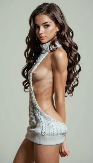 Very long black straight hair, ((brunette_hair:1.9)), (wavy hair), sexy 30yo, ((deep blue), virgin killer sweater dress), stands infront of you, side view, ultra long and very thin neck, small breasts, medium perky tits, uneasy apprehension, skinny muscled, ((very toned)), no, bra, covered, nipples, vks2023, sweater, <lora:nobrav1_SDXL:.5>, <lora:vks2023XLv1:.5>