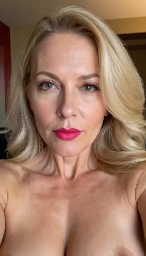 naked, flat Boobs, flat breast, 50 years old, blond hair, medium hair, Milf, sexy wife, wife, Red lips, pink lips, make a selfie