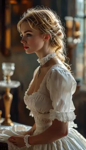 1900s, Sexy nice pretty beautiful thin woman, 25 year old, blond, perfect finger, sexy countess, in english manor, making love, perfect proportion, hairy pussy, show pussy, in love, (show nipples), ((undressing)), (candlesticks), nipples above dress, stockings, Low-key, lighting, Style, dim, light, low, dramatic, partially, covered, in, shadow, <lora:Low-key lighting Style:.5>, raw, <lora:MJ52:.8>, <lora:style_lora_realis:.8>, victorian, maid, <lora:xl_victorian_maid_dress-1.0:.8>