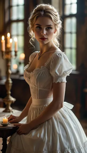 1900s, Sexy nice pretty beautiful thin woman, 25 year old, blond, perfect finger, sexy countess, in english manor, making love, perfect proportion, hairy pussy, show pussy, in love, (show nipples), ((undressing)), (candlesticks), nipples above dress, stockings, Low-key, lighting, Style, dim, light, low, dramatic, partially, covered, in, shadow, <lora:Low-key lighting Style:.5>, raw, <lora:MJ52:.8>, <lora:style_lora_realis:.8>, victorian, maid, <lora:xl_victorian_maid_dress-1.0:.8>