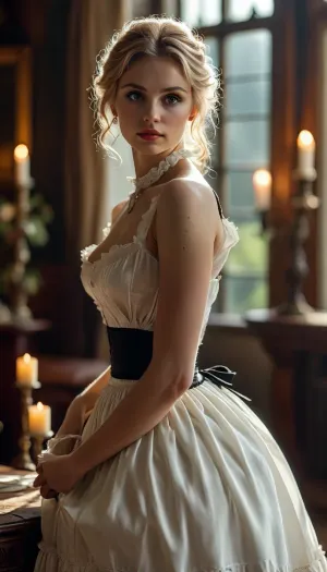 1900s, Sexy nice pretty beautiful thin woman, 25 year old, blond, perfect finger, sexy countess, in english manor, making love, perfect proportion, hairy pussy, show pussy, in love, (show nipples), ((undressing)), (candlesticks), nipples above dress, stockings, Low-key, lighting, Style, dim, light, low, dramatic, partially, covered, in, shadow, <lora:Low-key lighting Style:.5>, raw, <lora:MJ52:.8>, <lora:style_lora_realis:.8>, victorian, maid, <lora:xl_victorian_maid_dress-1.0:.8>