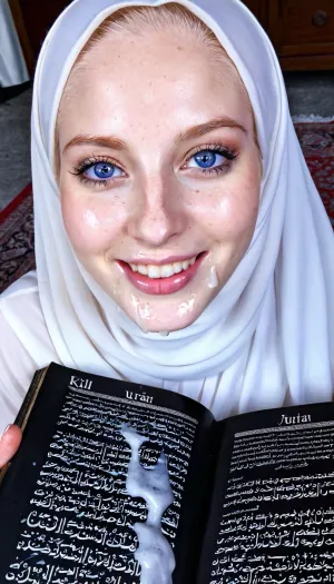 8k, Transparent hijab, reading quran, freckled pale skin, ultra detailed, blue eyes, cum dripping to quran, smile, cum on face, thick eyebrown