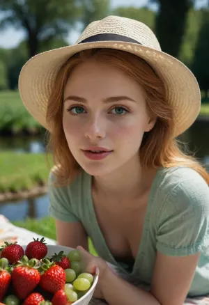(photorealistic), (hyper realistic), ((realistic skin textures)), sexy strawberry blonde headed woman, A hyper-detailed shot of a Caucasian very cutest young girl in her 20s, enjoying a picnic in an urban park, wearing a mint green cropped top and flared pants, in summer fashion trends. The background is a monochrome park with greenery and a lake. Afternoon sunlight highlights the outfit’s fresh texture and her joyful expression, creating a vibrant and elegant composition. Ultra-realistic textures, inspired by high-fashion editorial finesse. Very fresh fruit, croissants and other few of simple picnic foods are placed on the sheets. The fruit is very fresh and sparkling with juiciness with morning dews subtly. A beautiful white straw hat is nearby. The sunlight and blue sky, the greenery of the park, and the pond in the background are all very beautiful. The few of fruits are very fresh and shiny. The strawberries and grapes are very small but perfectly shaped and wet subtly. Hyper low-angled view. Hyper close-up to her face. 16K. A fisheye lens effect without corner vignetting. The entire screen is bright and dazzlingly vivid. The high resolution and fine details, along with the slightly blur, are reminiscent of an electron microscope.